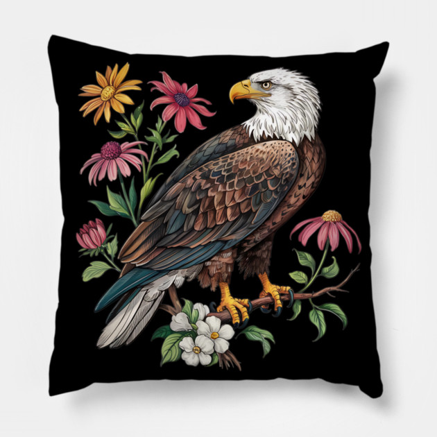 Botanical Bald Eagle Wildlife Illustration Pillow by BirdsnStuff