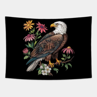 Botanical Bald Eagle Wildlife Illustration Tapestry