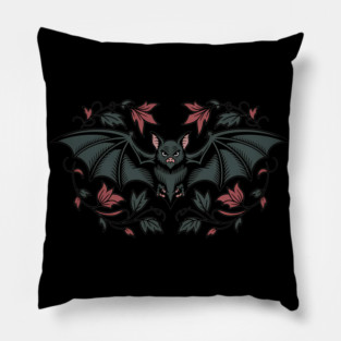 Decorative Vintage Bat and Floral Art Pillow