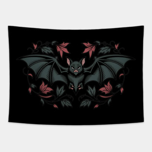 Decorative Vintage Bat and Floral Art Tapestry