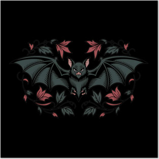 Decorative Vintage Bat and Floral Art Posters and Art