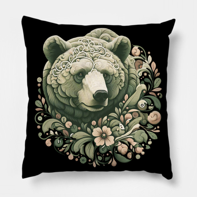 Ornate Grizzly Bear with Floral Art Pillow by BirdsnStuff