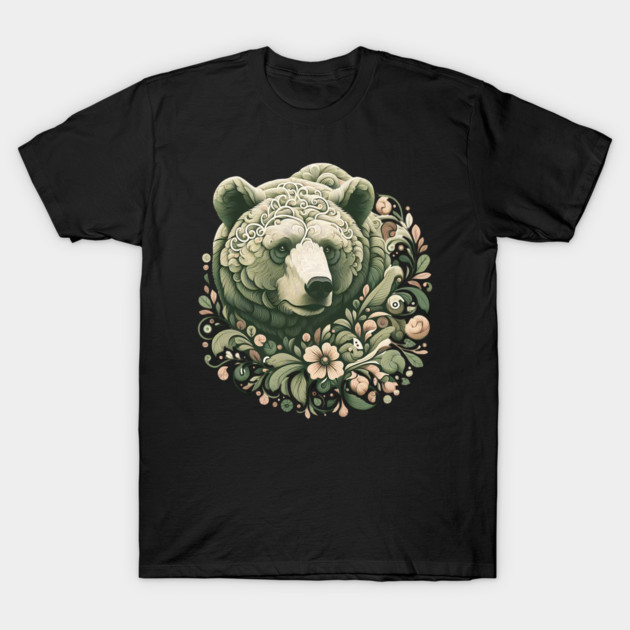 Ornate Grizzly Bear with Floral Art T-Shirt by BirdsnStuff