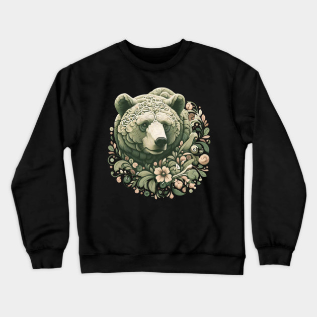 Ornate Grizzly Bear with Floral Art Crewneck Sweatshirt by BirdsnStuff