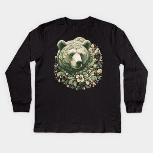 Ornate Grizzly Bear with Floral Art Kids Long Sleeve T-Shirt