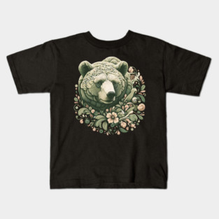 Ornate Grizzly Bear with Floral Art Kids T-Shirt