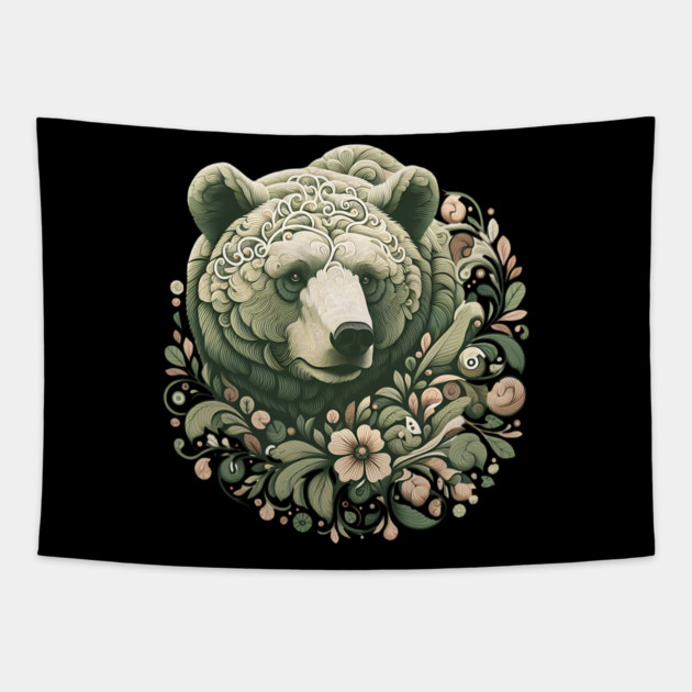 Ornate Grizzly Bear with Floral Art Tapestry by BirdsnStuff