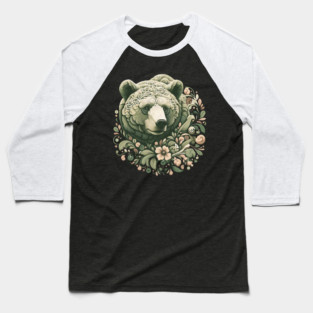 Ornate Grizzly Bear with Floral Art Baseball T-Shirt