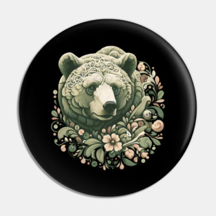 Ornate Grizzly Bear with Floral Art Pin