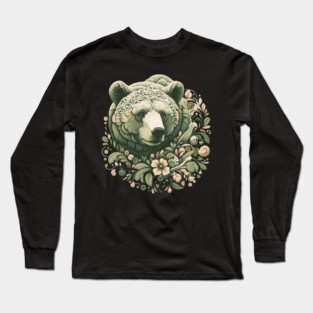 Ornate Grizzly Bear with Floral Art Long Sleeve T-Shirt