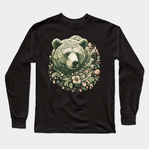 Ornate Grizzly Bear with Floral Art Long Sleeve T-Shirt by BirdsnStuff
