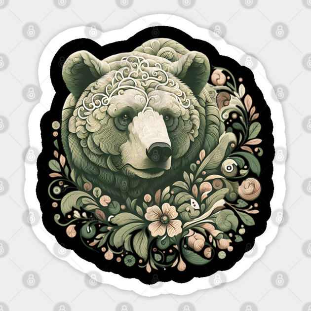 Ornate Grizzly Bear with Floral Art Sticker by BirdsnStuff