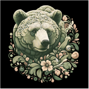Ornate Grizzly Bear with Floral Art Posters and Art
