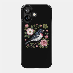 Rose-Breasted Grosbeak with Pink Roses Vintage Floral Bird Art Phone Case