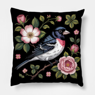 Rose-Breasted Grosbeak with Pink Roses Vintage Floral Bird Art Pillow