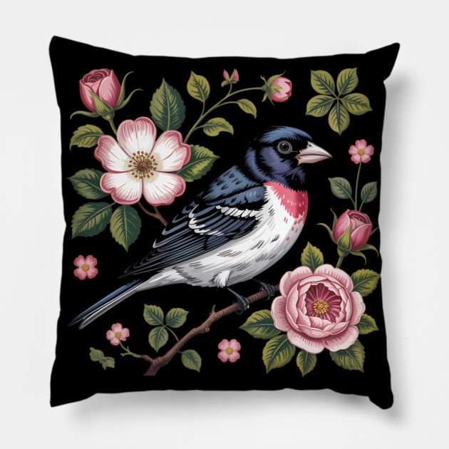 Rose-Breasted Grosbeak with Pink Roses Vintage Floral Bird Art Pillow by BirdsnStuff