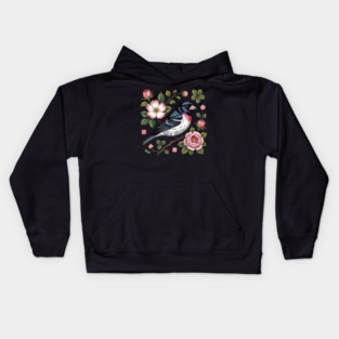 Rose-Breasted Grosbeak with Pink Roses Vintage Floral Bird Art Kids Hoodie
