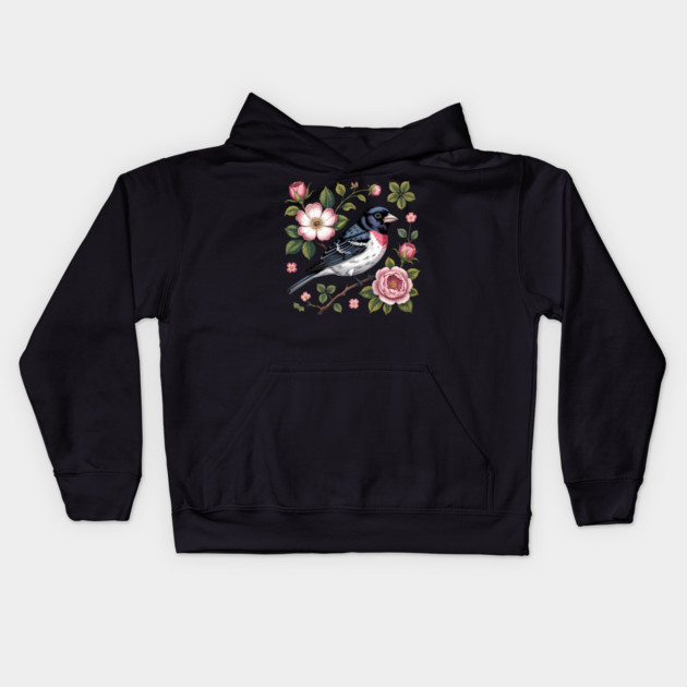 Rose-Breasted Grosbeak with Pink Roses Vintage Floral Bird Art Kids Hoodie by BirdsnStuff