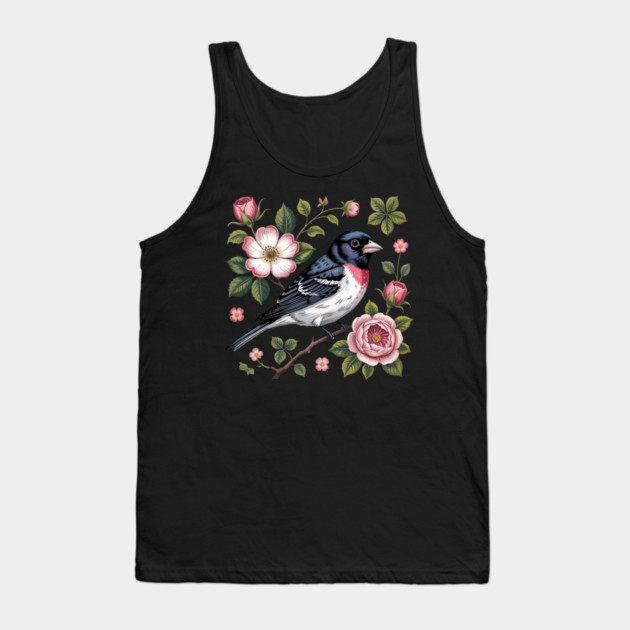 Rose-Breasted Grosbeak with Pink Roses Vintage Floral Bird Art Tank Top by BirdsnStuff