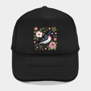 Rose-Breasted Grosbeak with Pink Roses Vintage Floral Bird Art Hat