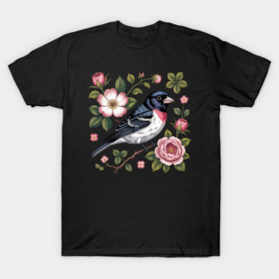 Rose-Breasted Grosbeak with Pink Roses Vintage Floral Bird Art T-Shirt