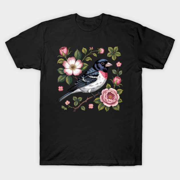 Rose-Breasted Grosbeak with Pink Roses Vintage Floral Bird Art T-Shirt by BirdsnStuff
