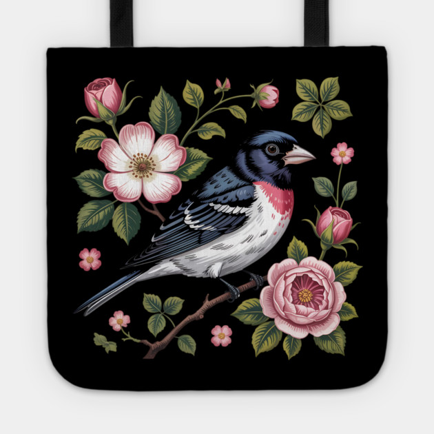 Rose-Breasted Grosbeak with Pink Roses Vintage Floral Bird Art Tote by BirdsnStuff