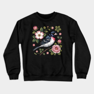 Rose-Breasted Grosbeak with Pink Roses Vintage Floral Bird Art Crewneck Sweatshirt