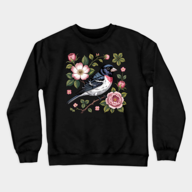 Rose-Breasted Grosbeak with Pink Roses Vintage Floral Bird Art Crewneck Sweatshirt by BirdsnStuff