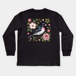 Rose-Breasted Grosbeak with Pink Roses Vintage Floral Bird Art Kids Long Sleeve T-Shirt