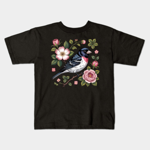 Rose-Breasted Grosbeak with Pink Roses Vintage Floral Bird Art Kids T-Shirt by BirdsnStuff