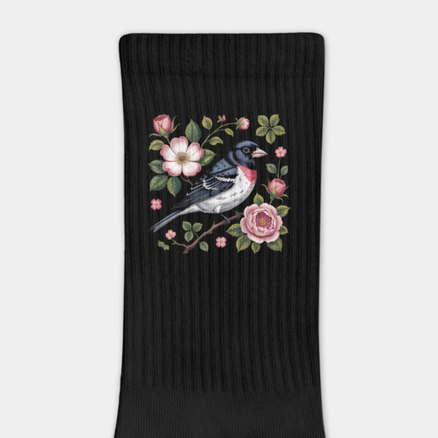 Rose-Breasted Grosbeak with Pink Roses Vintage Floral Bird Art by BirdsnStuff