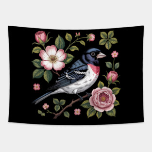 Rose-Breasted Grosbeak with Pink Roses Vintage Floral Bird Art Tapestry