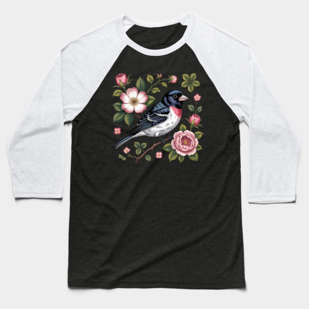 Rose-Breasted Grosbeak with Pink Roses Vintage Floral Bird Art Baseball T-Shirt by BirdsnStuff