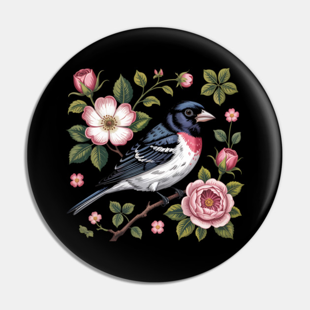 Rose-Breasted Grosbeak with Pink Roses Vintage Floral Bird Art Pin by BirdsnStuff