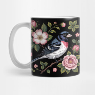 Rose-Breasted Grosbeak with Pink Roses Vintage Floral Bird Art Mug