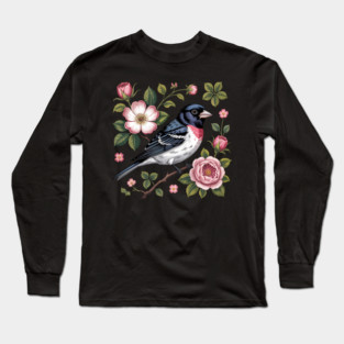 Rose-Breasted Grosbeak with Pink Roses Vintage Floral Bird Art Long Sleeve T-Shirt