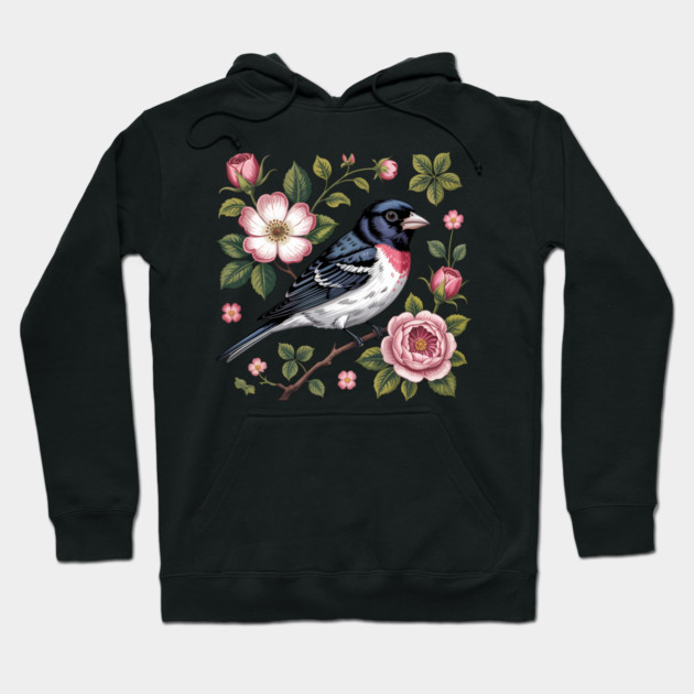 Rose-Breasted Grosbeak with Pink Roses Vintage Floral Bird Art Hoodie by BirdsnStuff