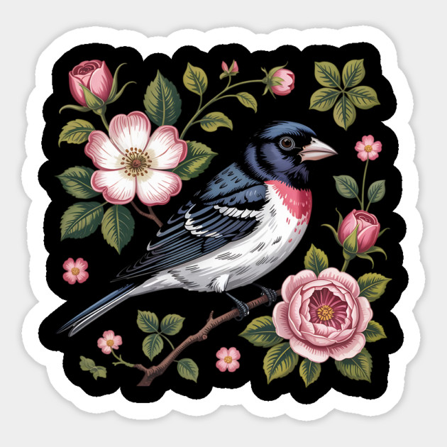 Rose-Breasted Grosbeak with Pink Roses Vintage Floral Bird Art Magnet by BirdsnStuff
