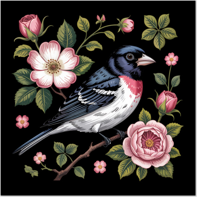 Rose-Breasted Grosbeak with Pink Roses Vintage Floral Bird Art Wall Art by BirdsnStuff