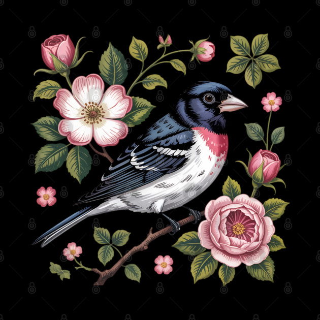 Rose-Breasted Grosbeak with Pink Roses Vintage Floral Bird Art by BirdsnStuff