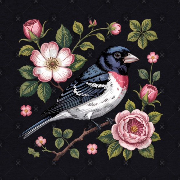 Rose-Breasted Grosbeak with Pink Roses Vintage Floral Bird Art by BirdsnStuff