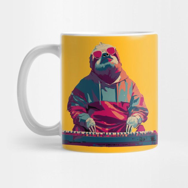 Synthwave Sloth on Keyboard - 80s Retro Disco Design by TuncGK