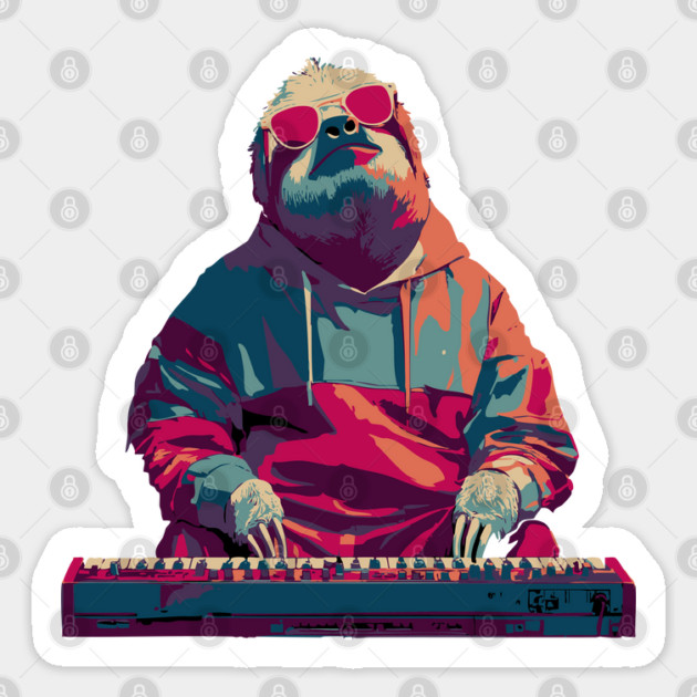 Synthwave Sloth on Keyboard - 80s Retro Disco Design Sticker by TuncGK