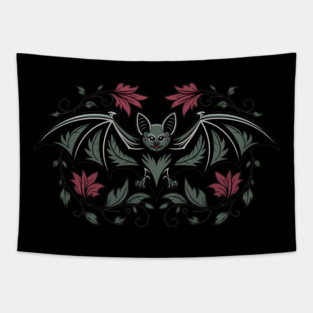 Decorative Vintage Bat and Floral Art Tapestry