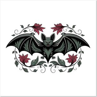 Decorative Vintage Bat and Floral Art Posters and Art