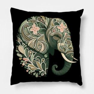 Ornate Botanical Elephant Wildlife Portrait Pillow