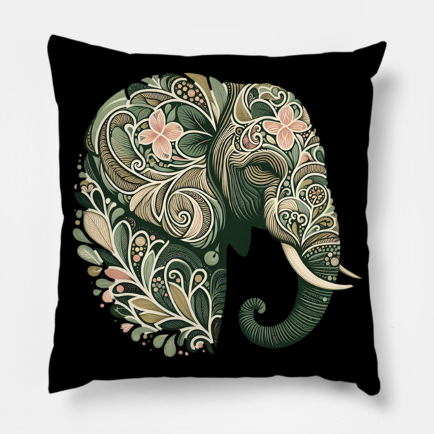 Ornate Botanical Elephant Wildlife Portrait Pillow by BirdsnStuff