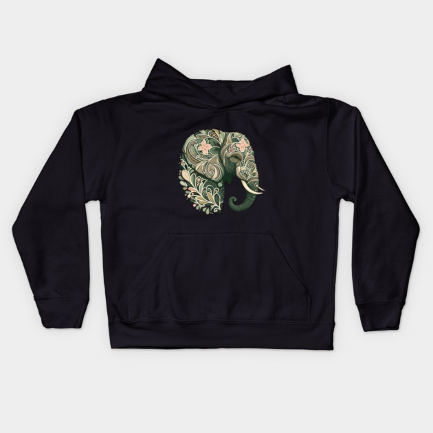 Ornate Botanical Elephant Wildlife Portrait Kids Hoodie by BirdsnStuff