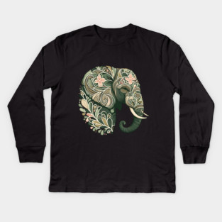 Ornate Botanical Elephant Wildlife Portrait Kids Long Sleeve T-Shirt